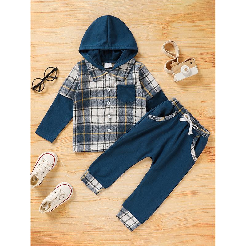 Peuter Baby Jongens Kleding Lange Mouw Hoodie Sweatshirt Plaid Button Down Tops Sweatpants Outfit Set Peuter Baby Jongens Kleding Lange Mouw Hoodie Sweatshirt Plaid Button Down Tops Sweatpants Outfit Set