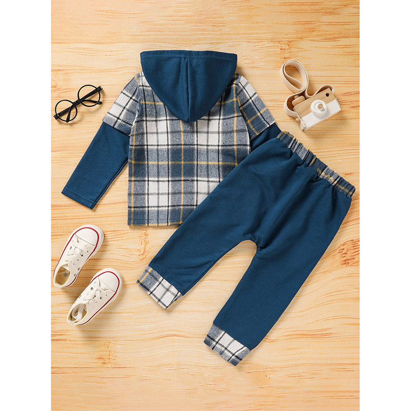 Toddler Baby Boy Clothes Plaid Long Sleeve Hoodie Sweatshirt & Pants 2pcs Boys Outfit Set